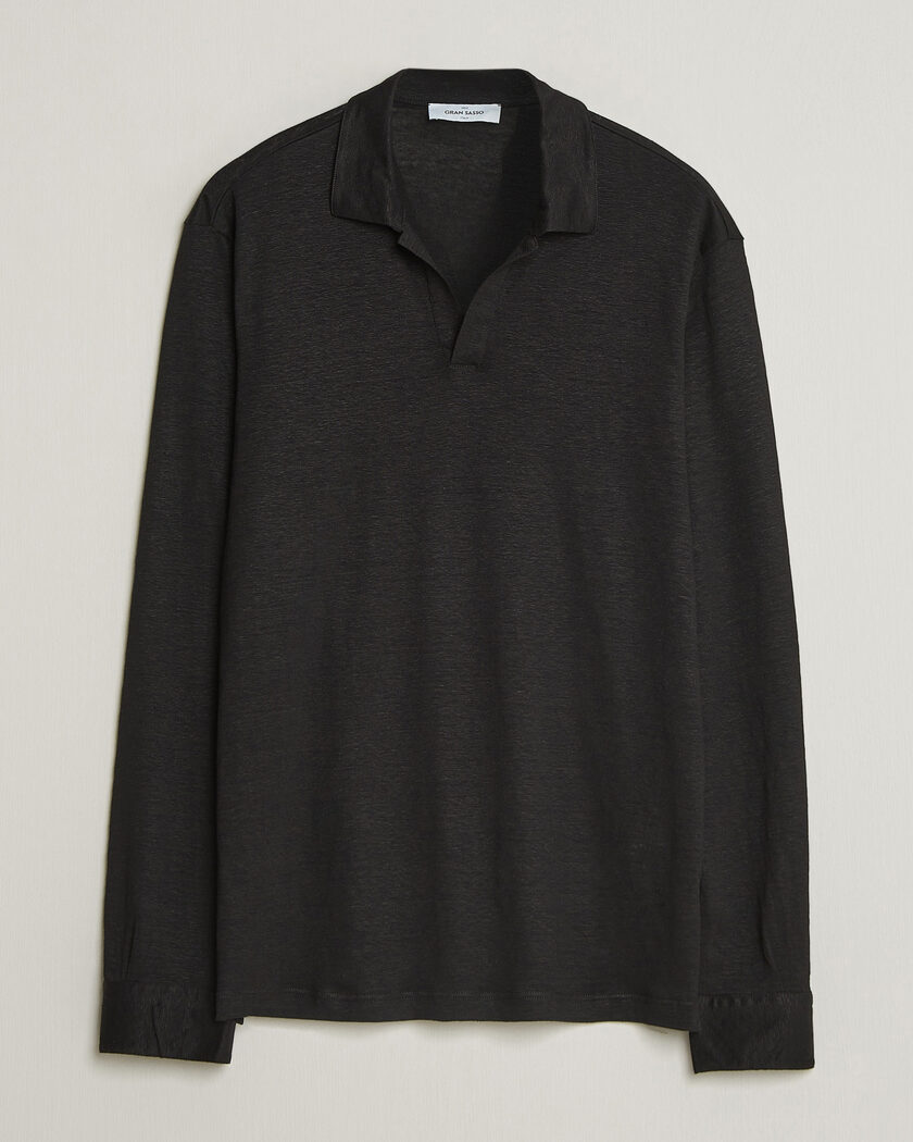 Gran Sasso Washed Linen Long Sleeve Polo Black – Black