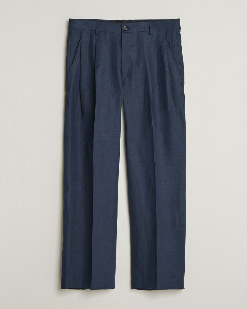 NN07 Justin Linen Double Pleated Trousers Navy Blue – Blue