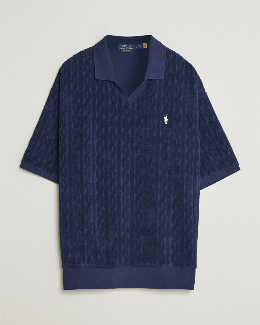 Auralee Cotton Knit Skipper Polo Navy Stripe at CareOfCarl.com