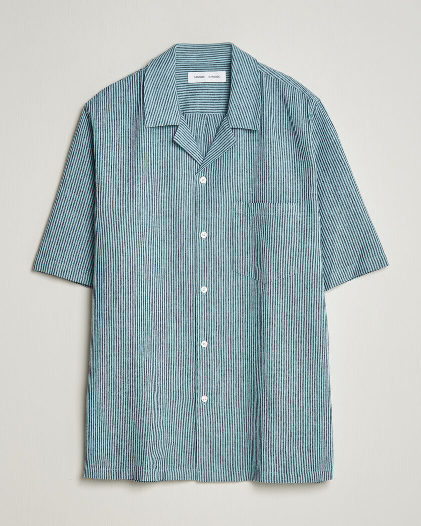 Samsøe Samsøe Oscar Linen/Cotton Striped Short Sleeve Shirt Tourmaline – Blue
