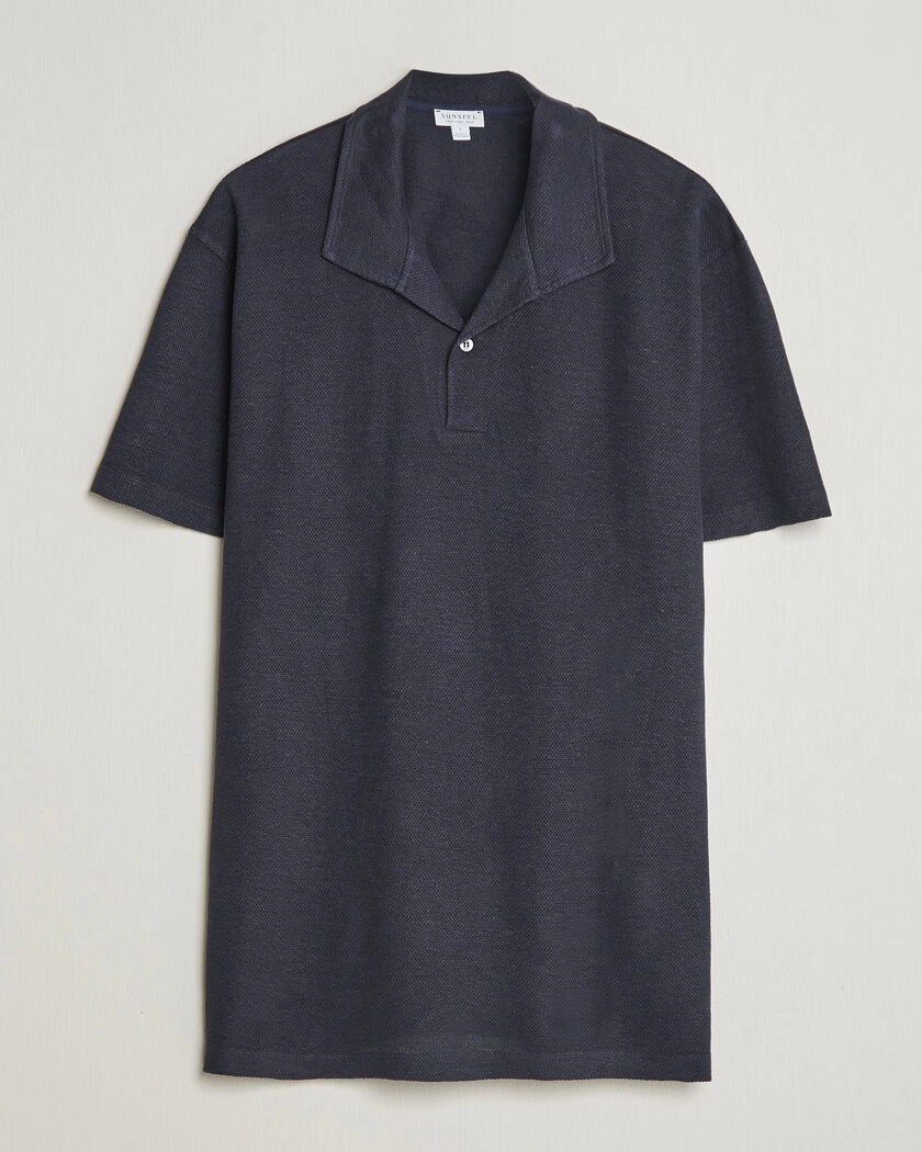 Sunspel Cotton/Linen Pique Polo Navy – Blue