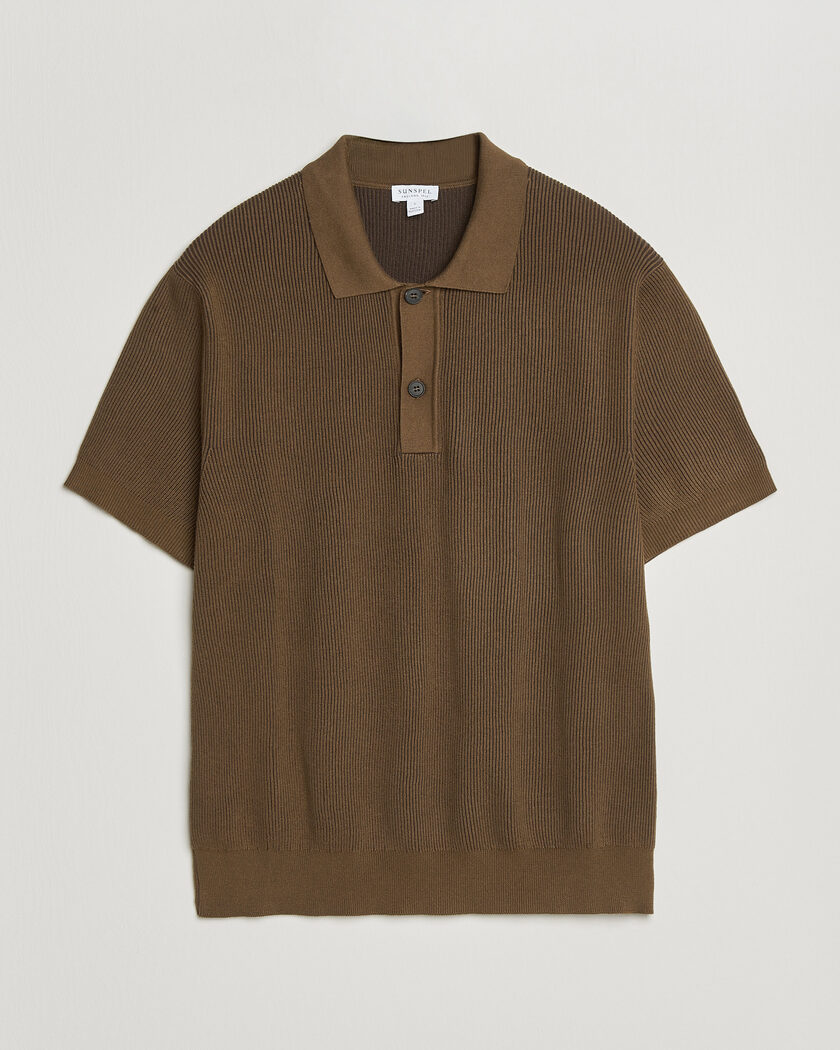 Sunspel Knitted Cotton Rib Polo Bronze – Brown