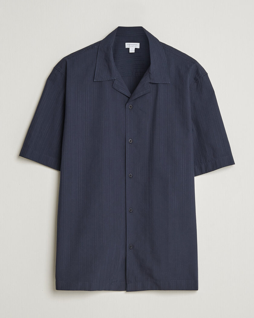 Sunspel Short Sleeve Textured Stripe Shirt Navy – Blue