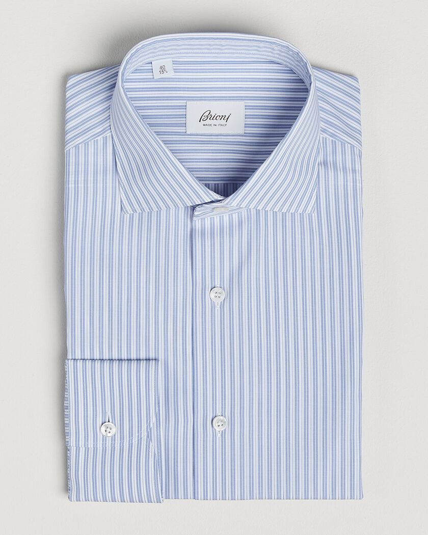Brioni Poplin Cotton Dress Shirt Light Blue Stripe – Blue