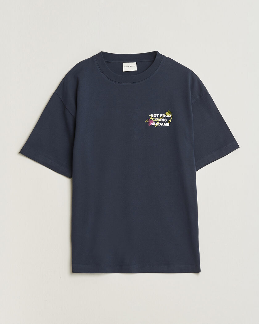 Drôle de Monsieur Vine Embroidered Slogan T-Shirt Navy – Blue