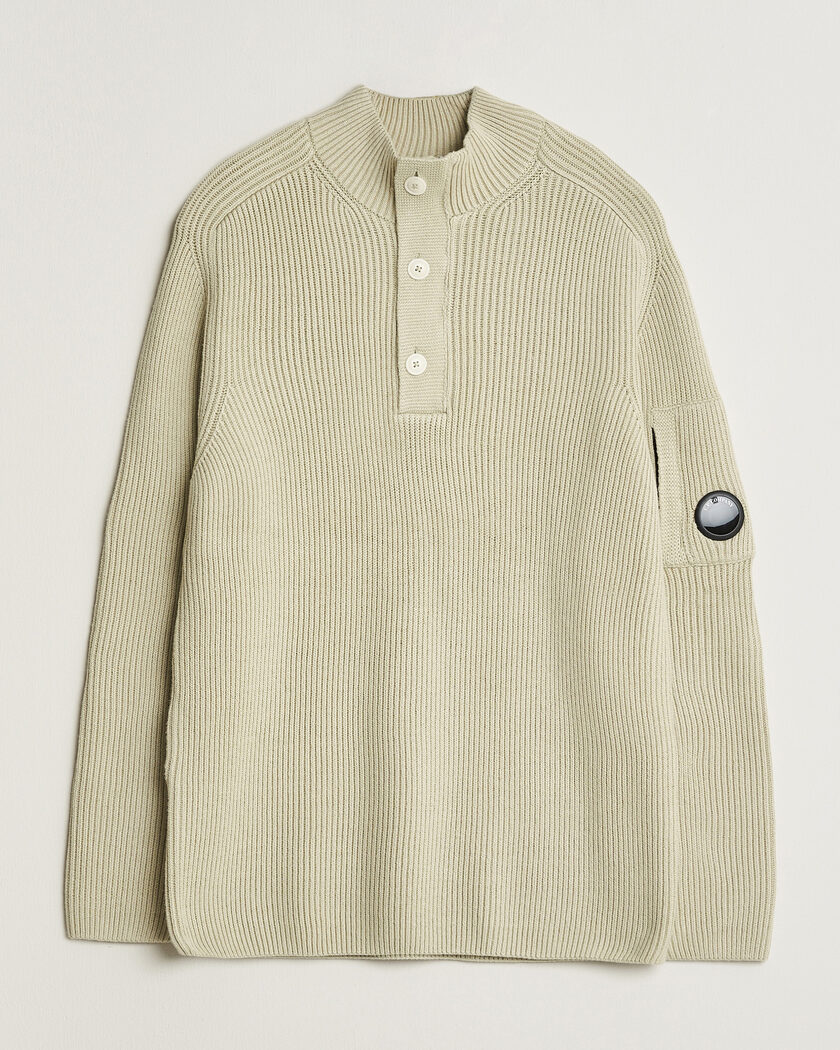 C.P. Company Full Rib Knitted Cotton Half Button Light Grey – Grey