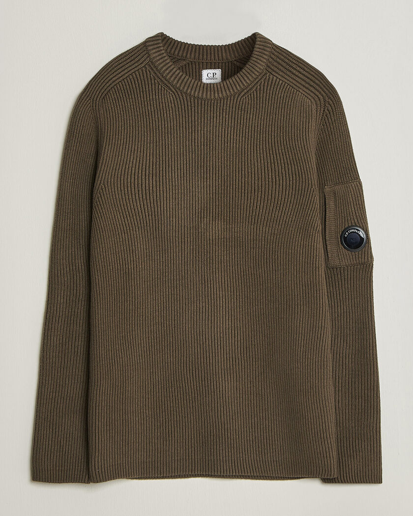 C.P. Company Full Rib Knitted Cotton Crew Neck Dark Green – Green