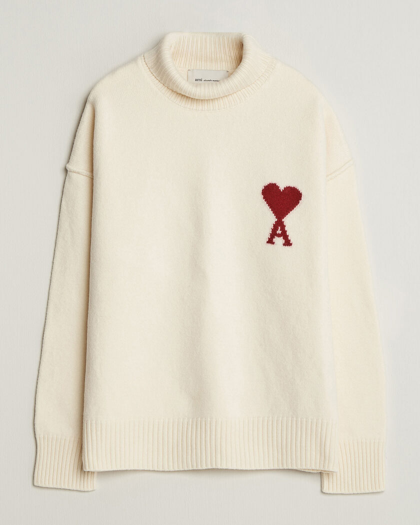 AMI Big Heart Logo Wool Knitted Polo Ecru – White