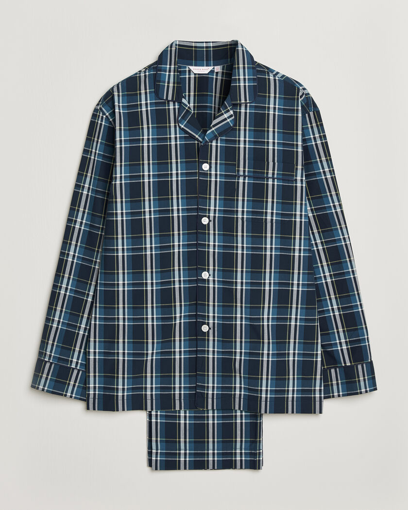 Derek Rose Piped Checked Cotton Pyjama Set Navy – Blue