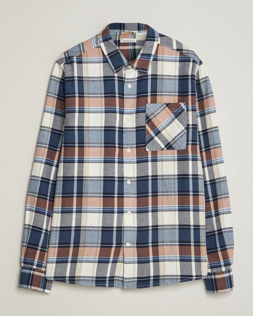 KnowledgeCotton Apparel Regular Fit Check Melange Flannel Shirt Navy – Blue