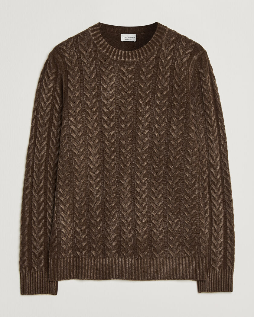 Morgano Cable Knitted Brushed Dyed Wool Crew Brown – Brown