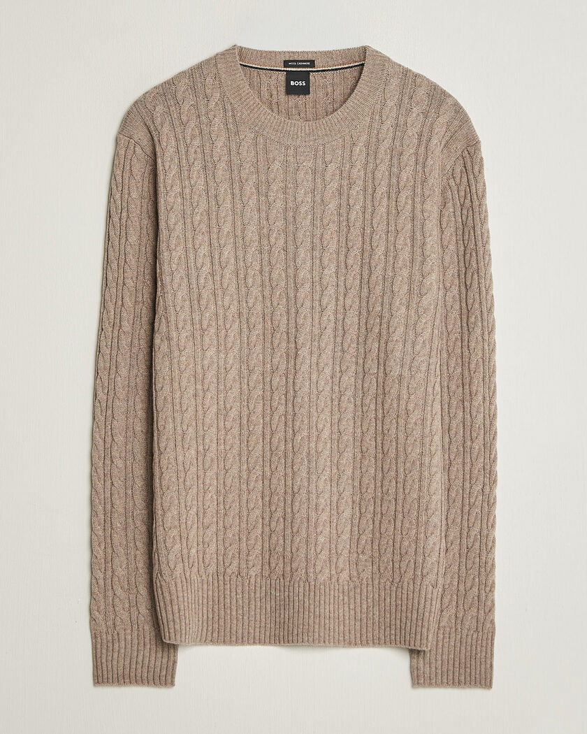 BOSS BLACK Furlan Wool/Cashmere Cable Crew Neck Open Brown – Brown