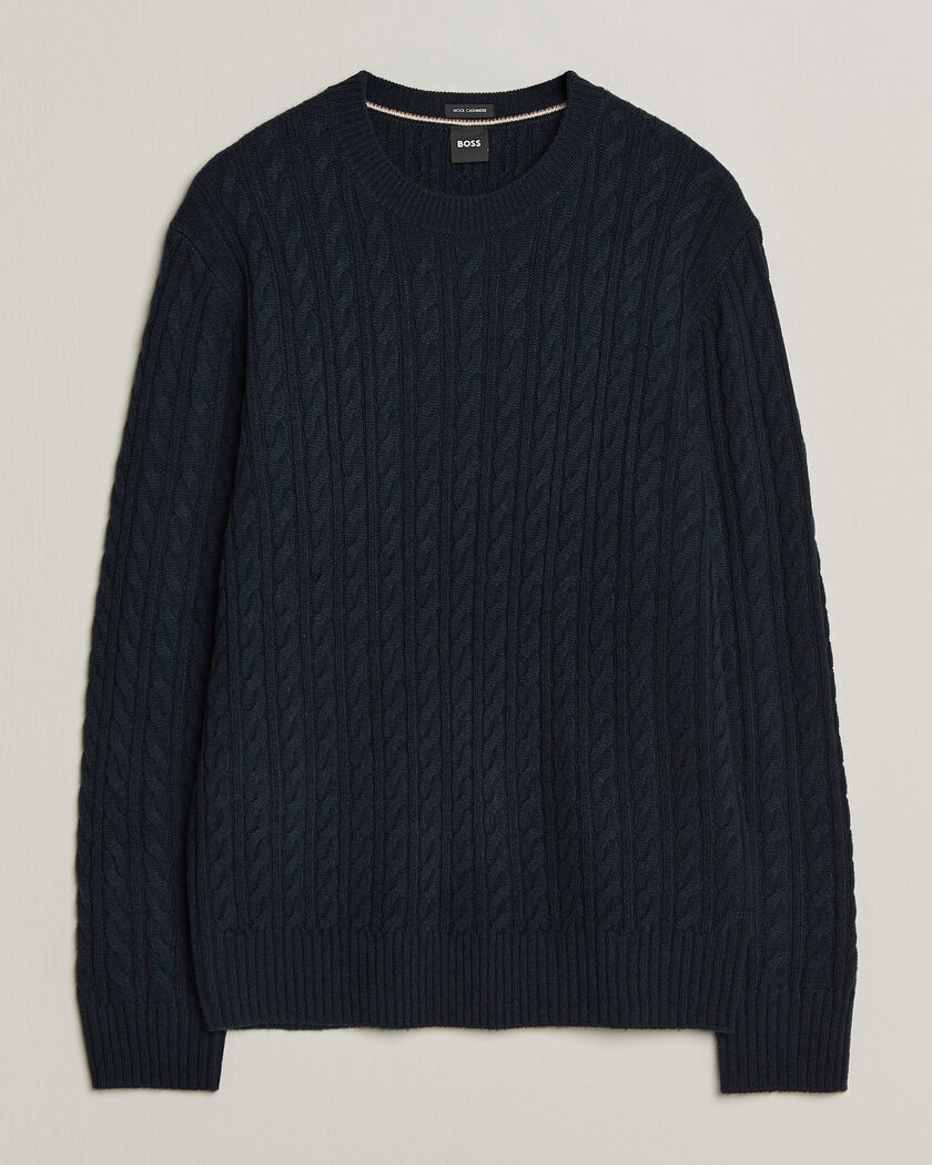 BOSS BLACK Furlan Wool/Cashmere Cable Crew Neck Dark Blue – Blue