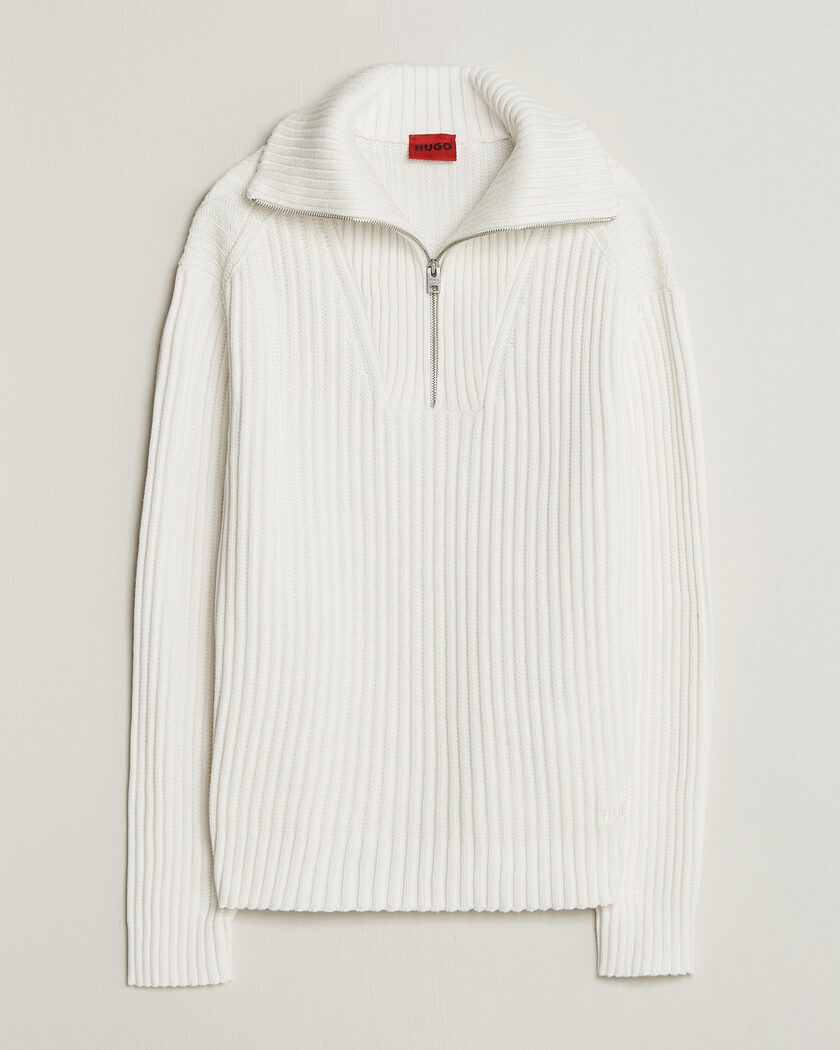 HUGO Srtithon Cotton Knitted Half Zip Natural – White