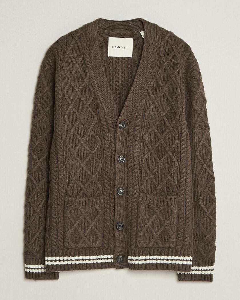 Gant Wool Cable Knitted Cardigan Shadow Brown – Brown