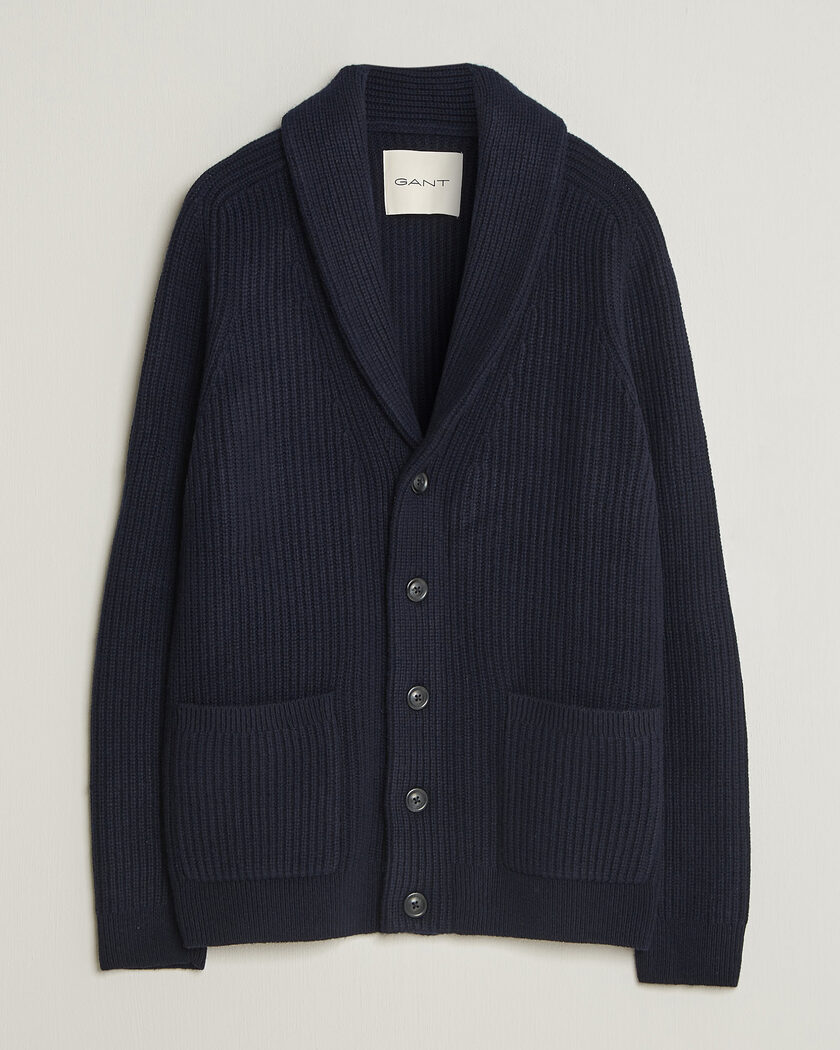 Gant Wool/Cotton Ribbed Shawl Collar Cardigan Evening Blue – Blue