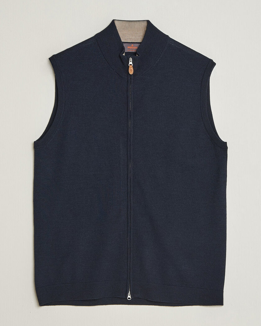 Morris Merino Zip Vest Navy – Blue
