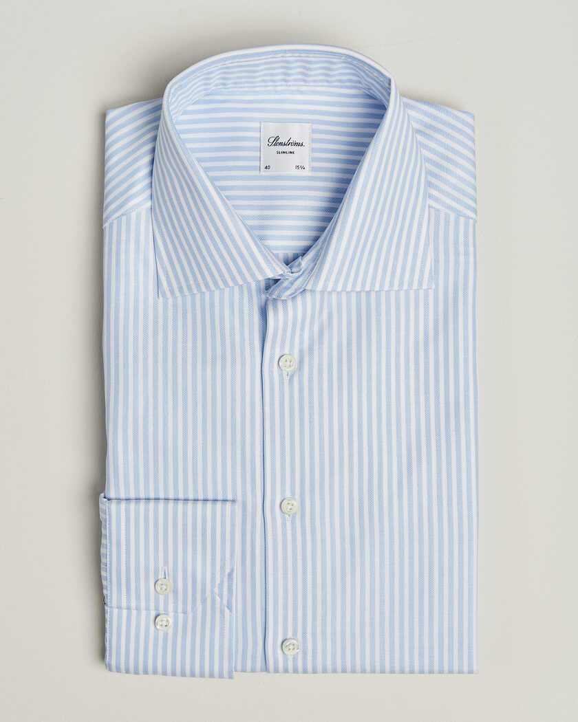 Stenströms Slimline Twofold Cotton Stripe Shirt Light Blue – Blue