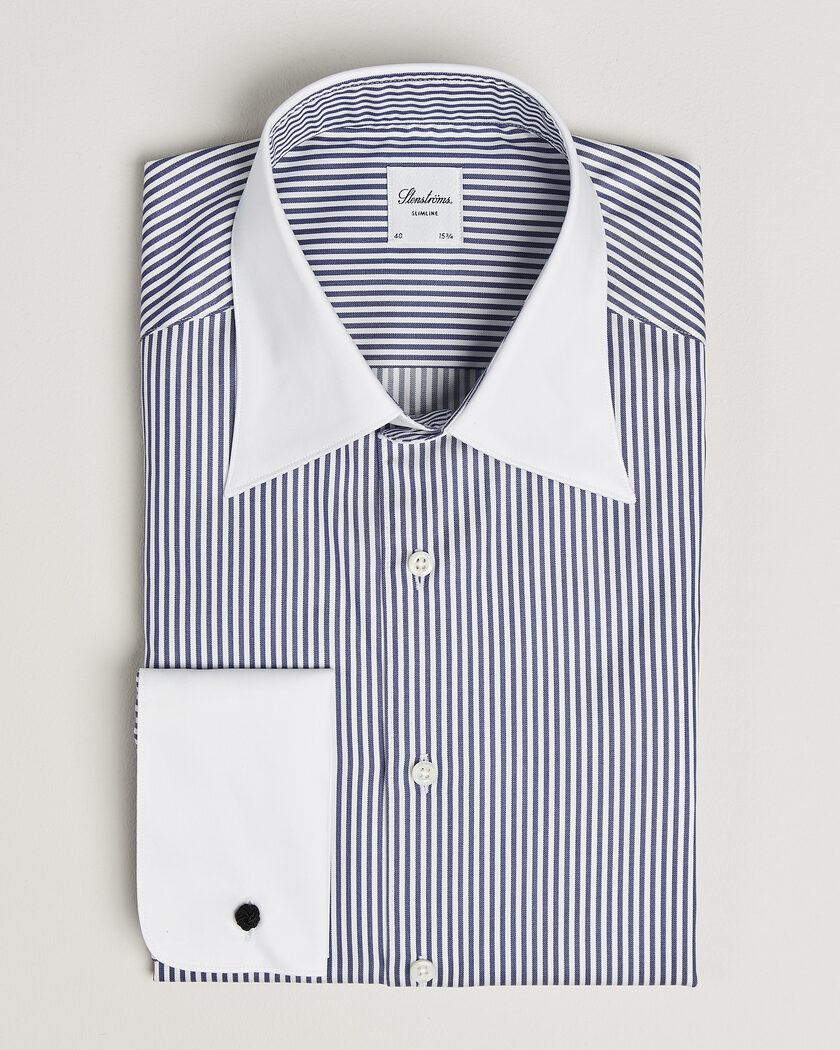 Stenströms Slimline White Collar Stripe Whinchester Shirt Blue – Blue