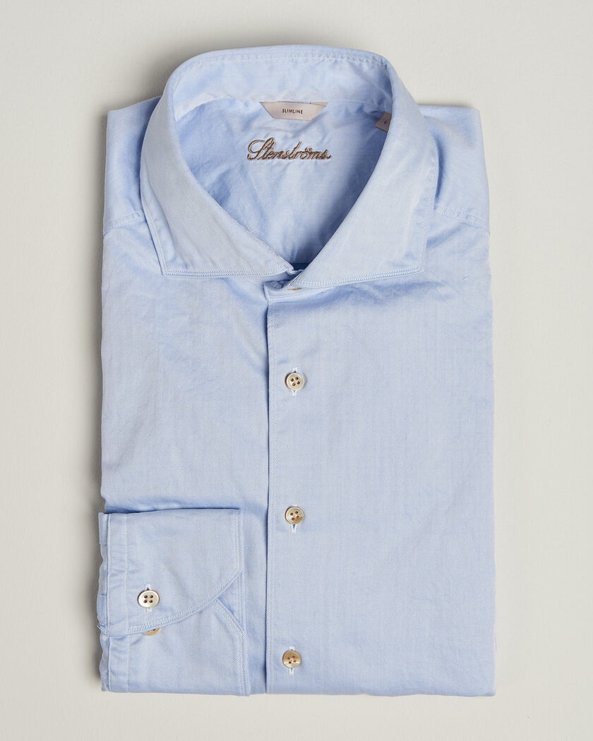 Stenströms Slimline Washed Cotton Twill Cut Away Shirt Blue – Blue