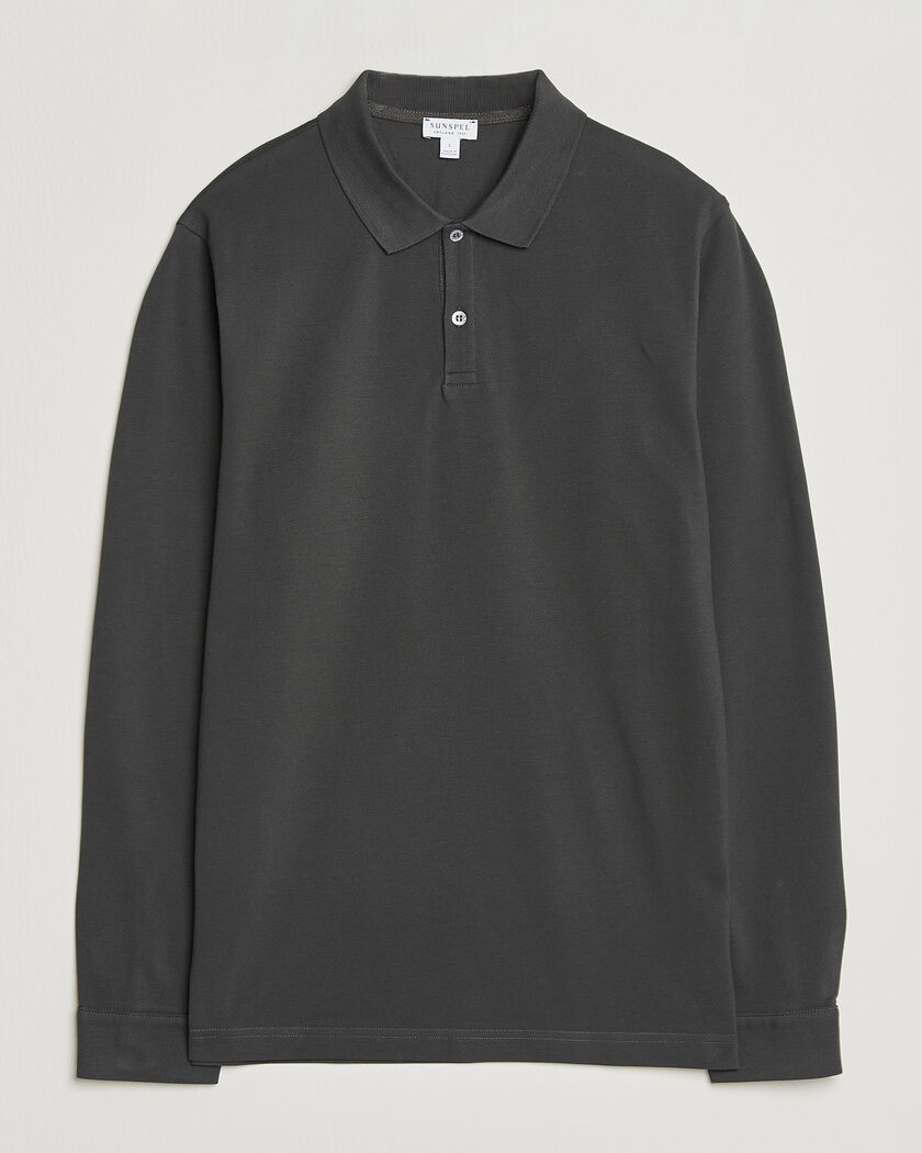  Sunspel Supima Cotton Long Sleeve Pique Polo Anthracite – Grey