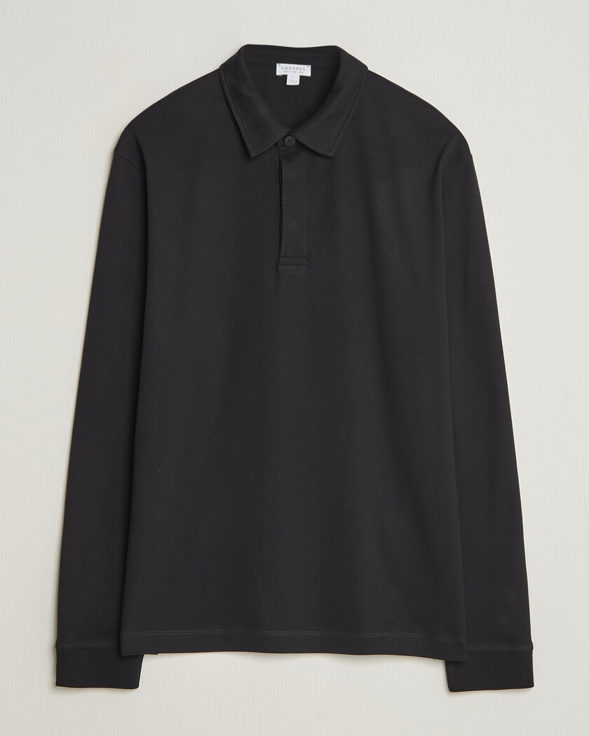 Sunspel Heavy Weight Supima Cotton Long Sleeve Polo Black – Black