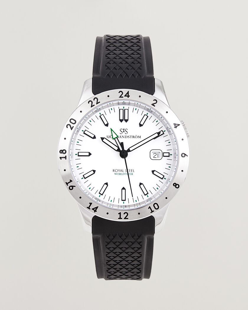 Sjöö Sandström Royal Steel Worldtimer 41mm Black Rubber White Dial – White