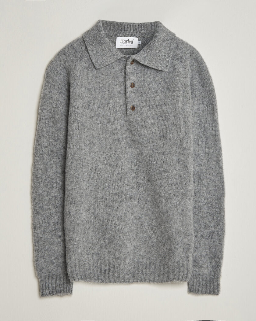 Harley Of Scotland Brushed Supersoft Lambswool Polo Mid Grey – Grey