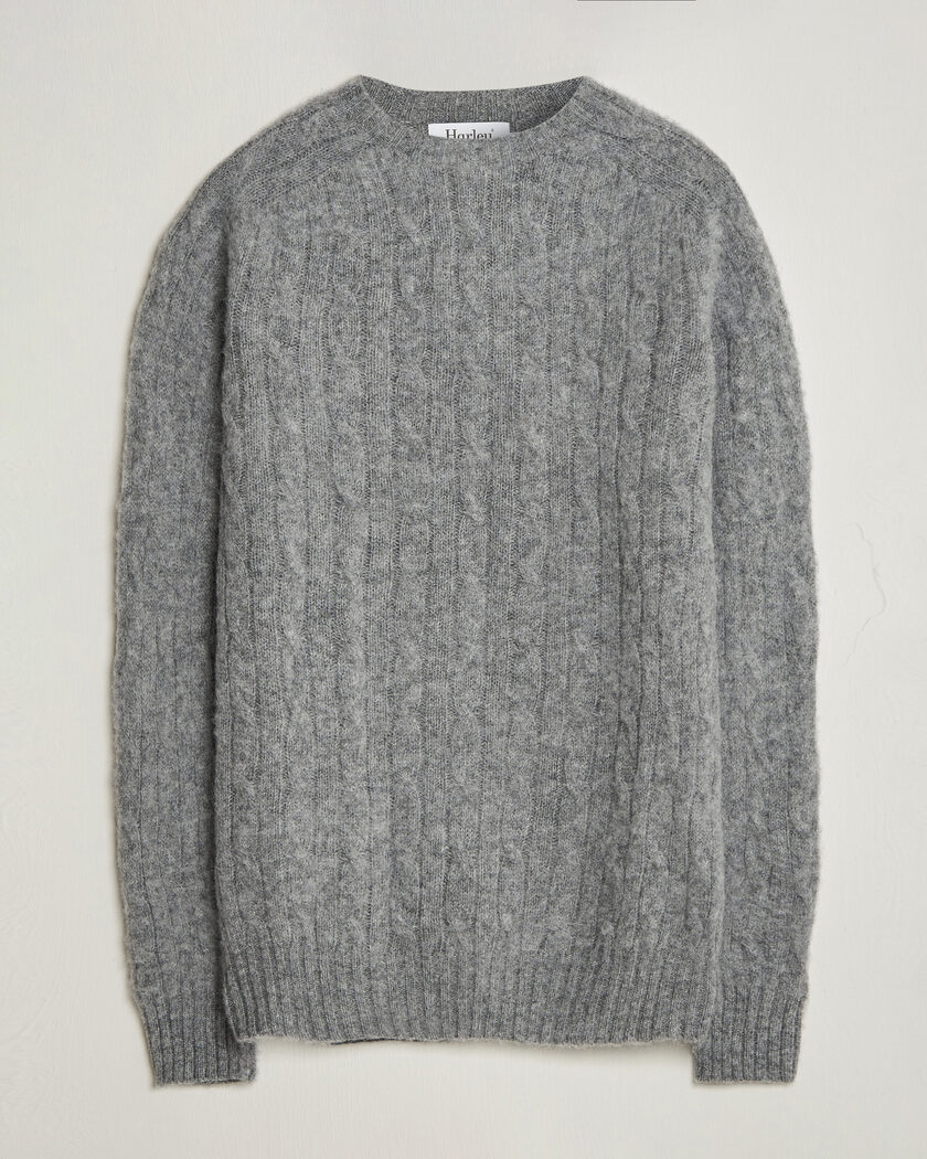 Harley Of Scotland Brushed Supersoft Lambswool Cable Mid Grey – Grey