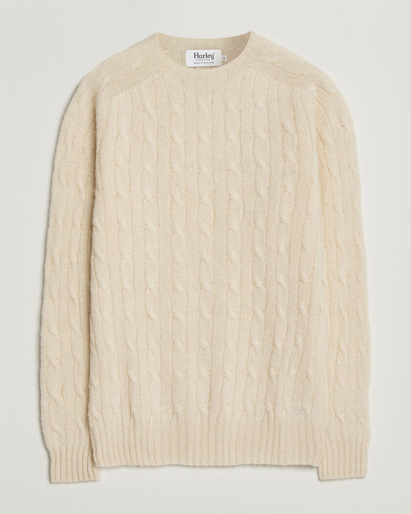 Harley Of Scotland Brushed Supersoft Lambswool Cable Vanilla – White