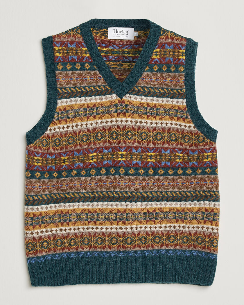 Harley Of Scotland Supersoft 2ply Lambswool Fairisle Vest Tempest – Multi-colour