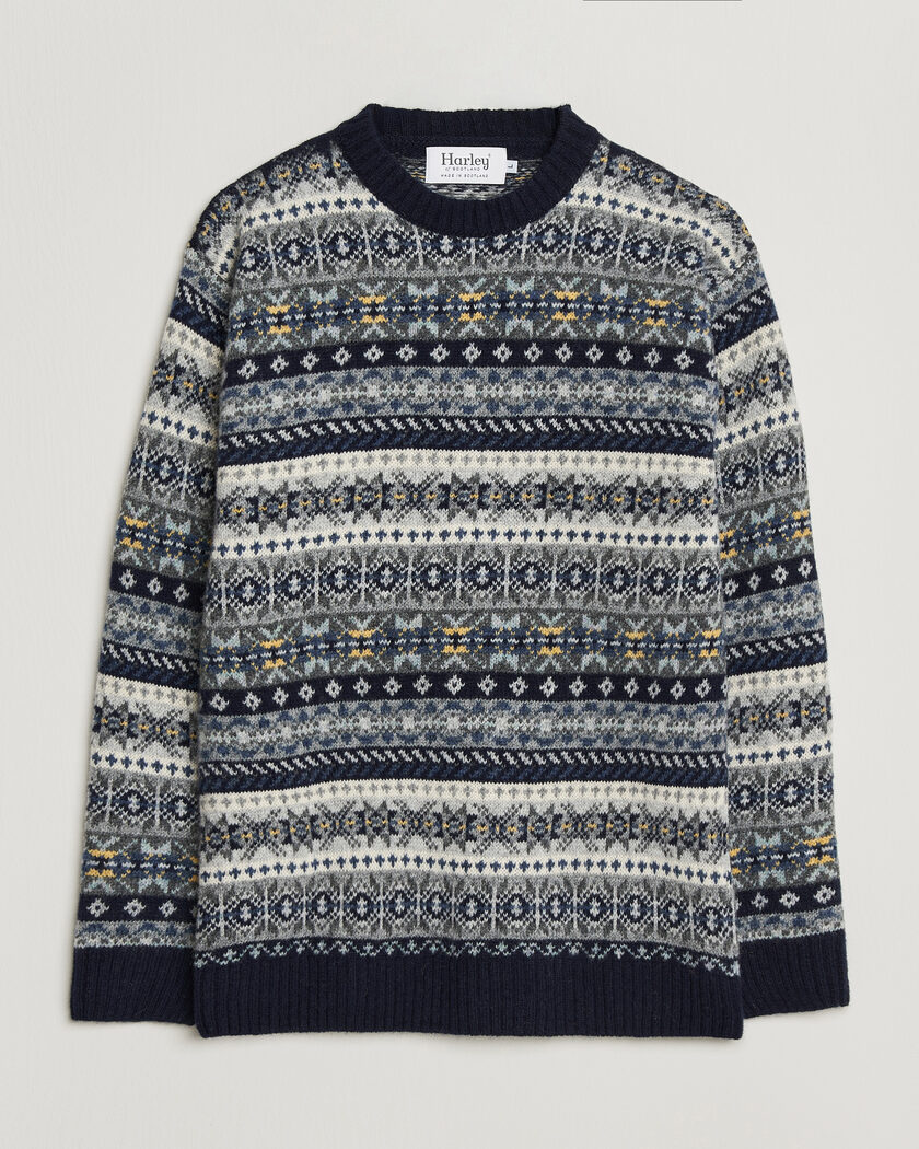 Harley Of Scotland Supersoft 2ply Lambswool Fairisle Crew Navy – Blue