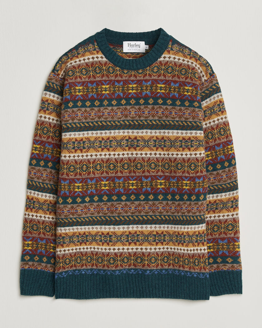 Harley Of Scotland Supersoft 2ply Lambswool Fairisle Crew Tempest – Multi-colour
