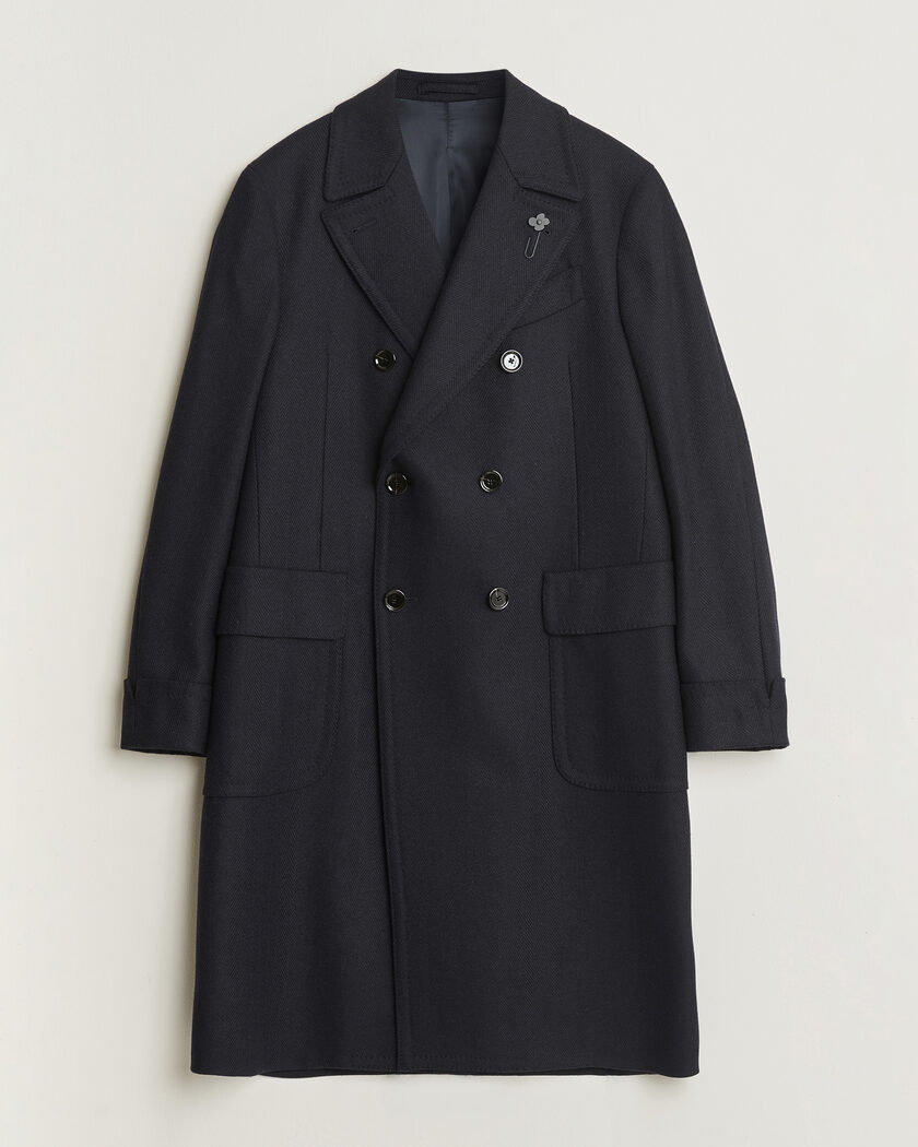 Lardini Ulster Wool/Cashmere Tonal Herringbone Coat Navy – Blue