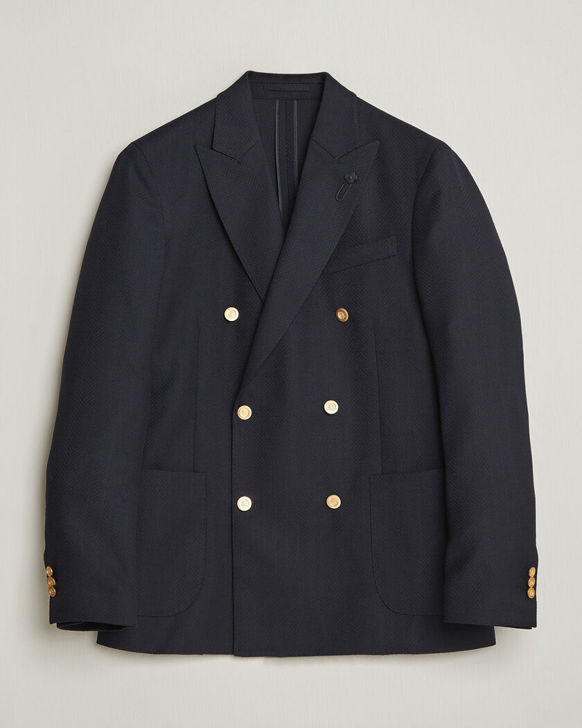 Lardini Double Breasted Herringbone Wool Blazer Navy – Blue
