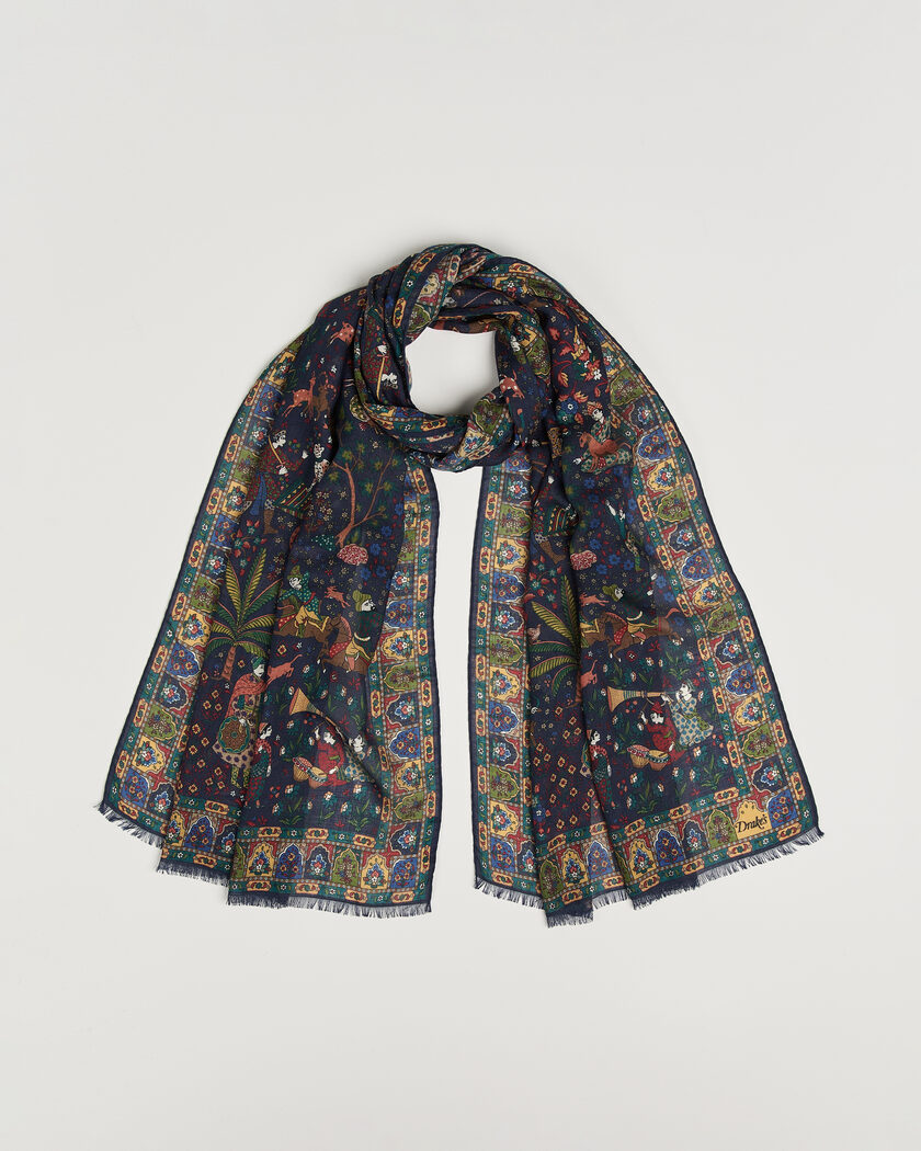 Drake's Mughal Garden Wool/Silk Scarf Navy – Blue