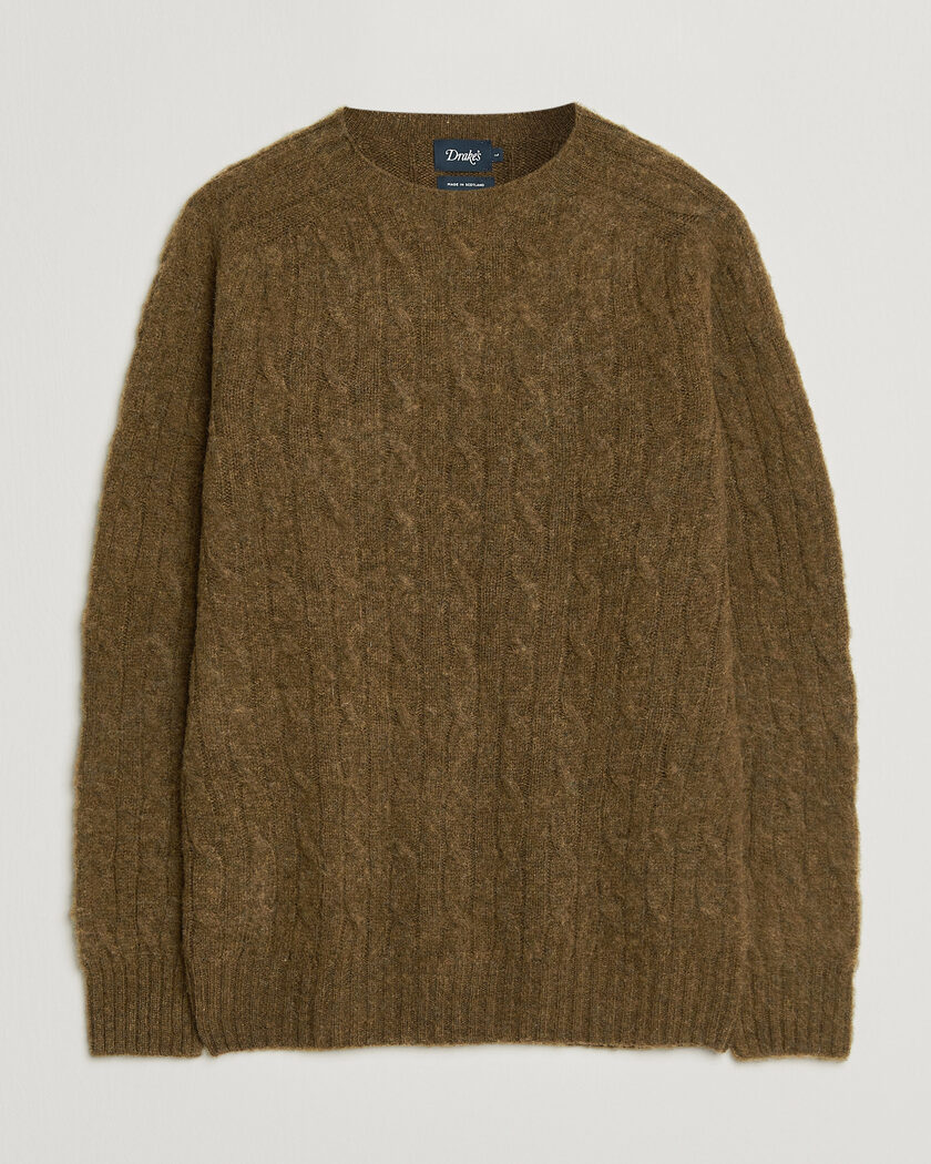 Drake's Brushed Shetland Cable Crew Moorland Olive – Green