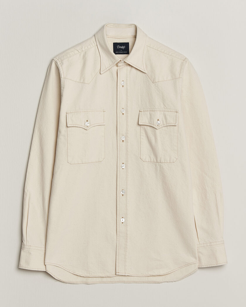 Drake's Western Denim Shirt Stone Wash Ecru – White