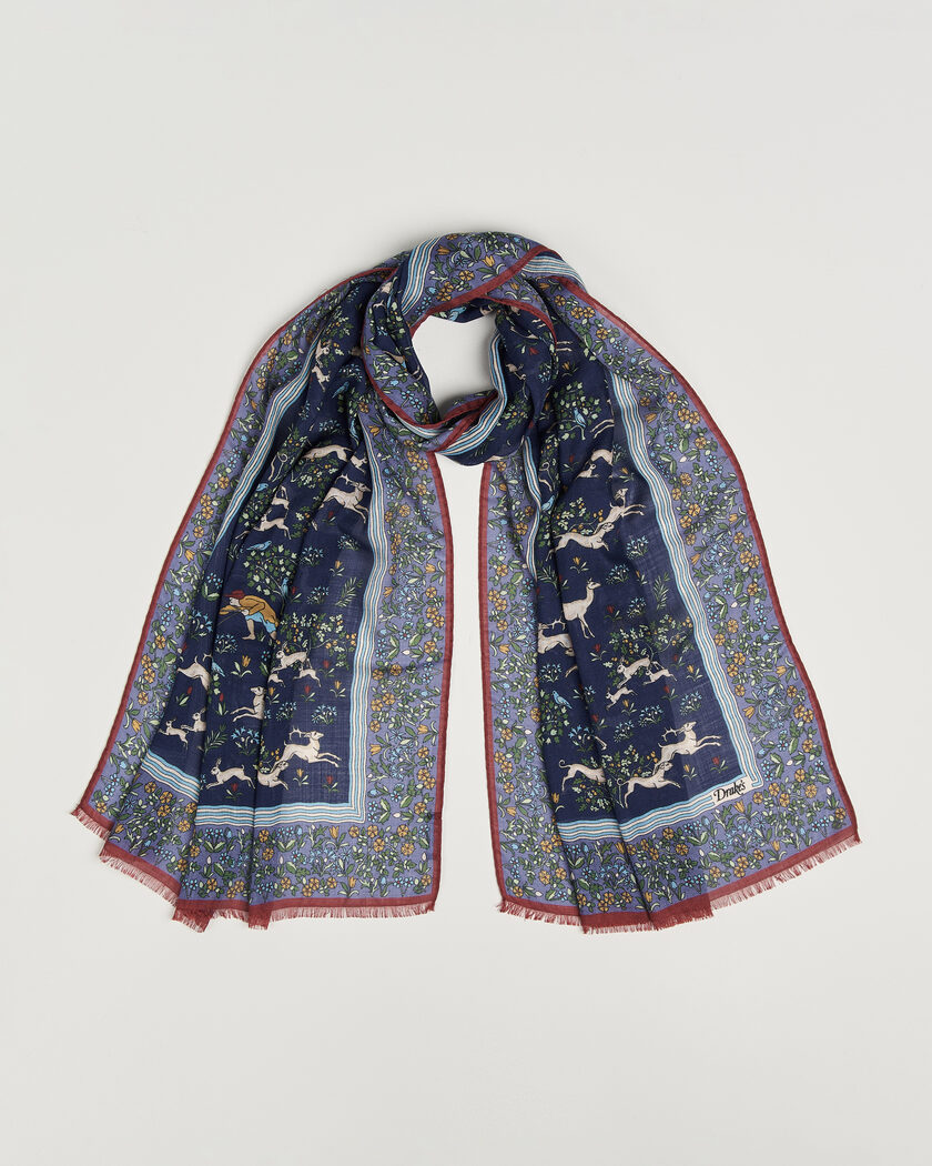Drake's Archival Animals Wool/Silk Scarf Navy – Blue