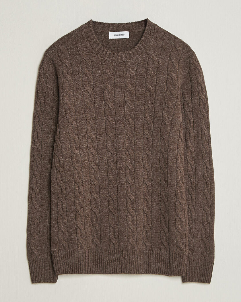 Gran Sasso Wool/Cashmere Cable Crew Neck Dark Brown Melange – Brown