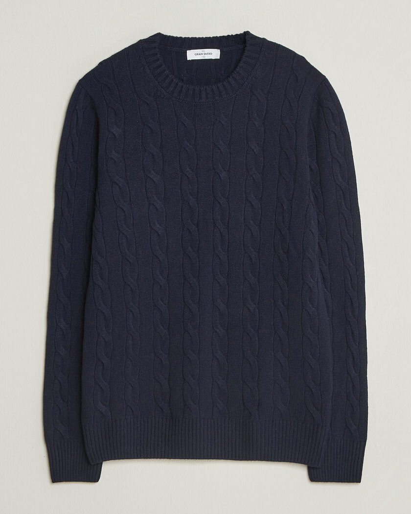 Gran Sasso Wool/Cashmere Cable Crew Neck Navy – Blue