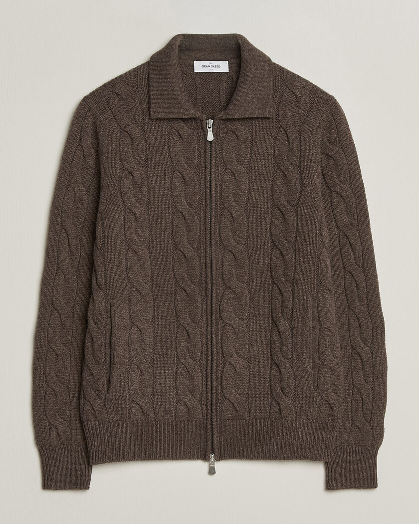 Gran Sasso Wool/Cashmere Cable Full Zip Dark Brown Melange – Brown