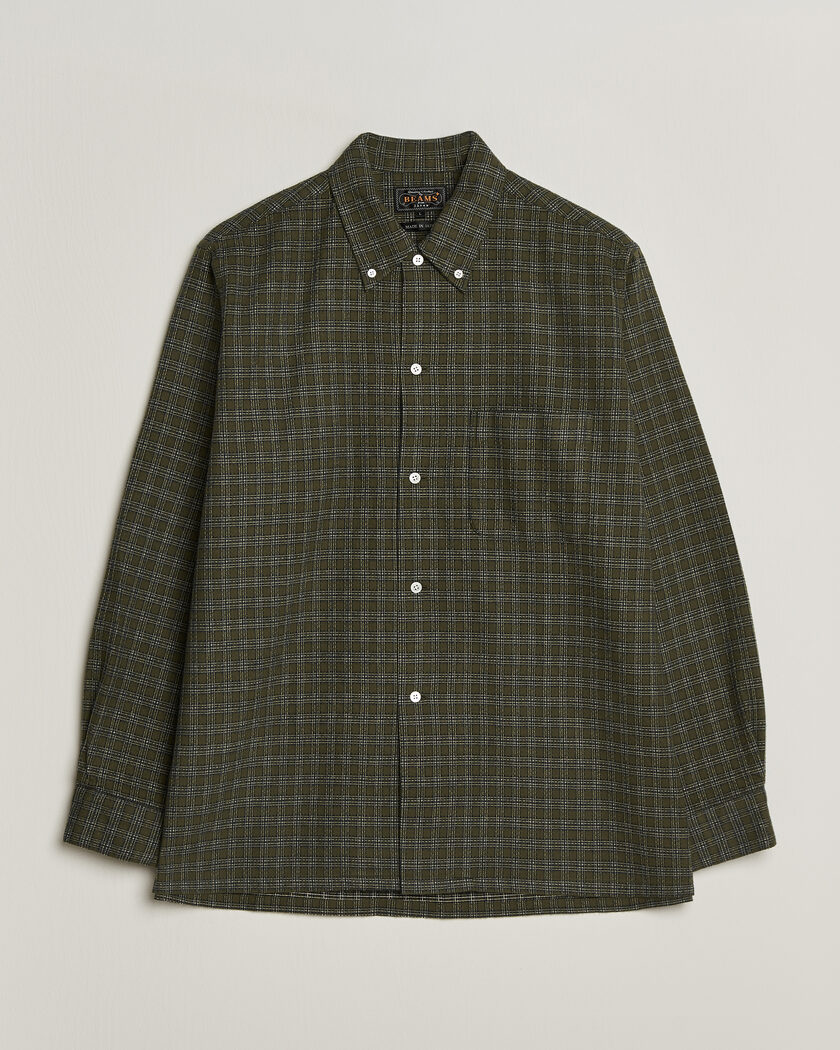 BEAMS PLUS Dobby Plaid Button Down Shirt Dark Green – Green