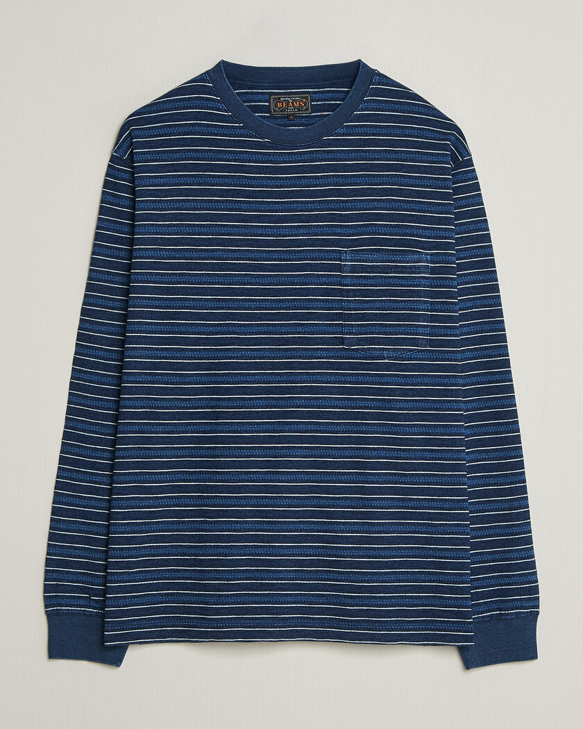 BEAMS PLUS Indigo Stripe LS T-Shirt Navy – Blue