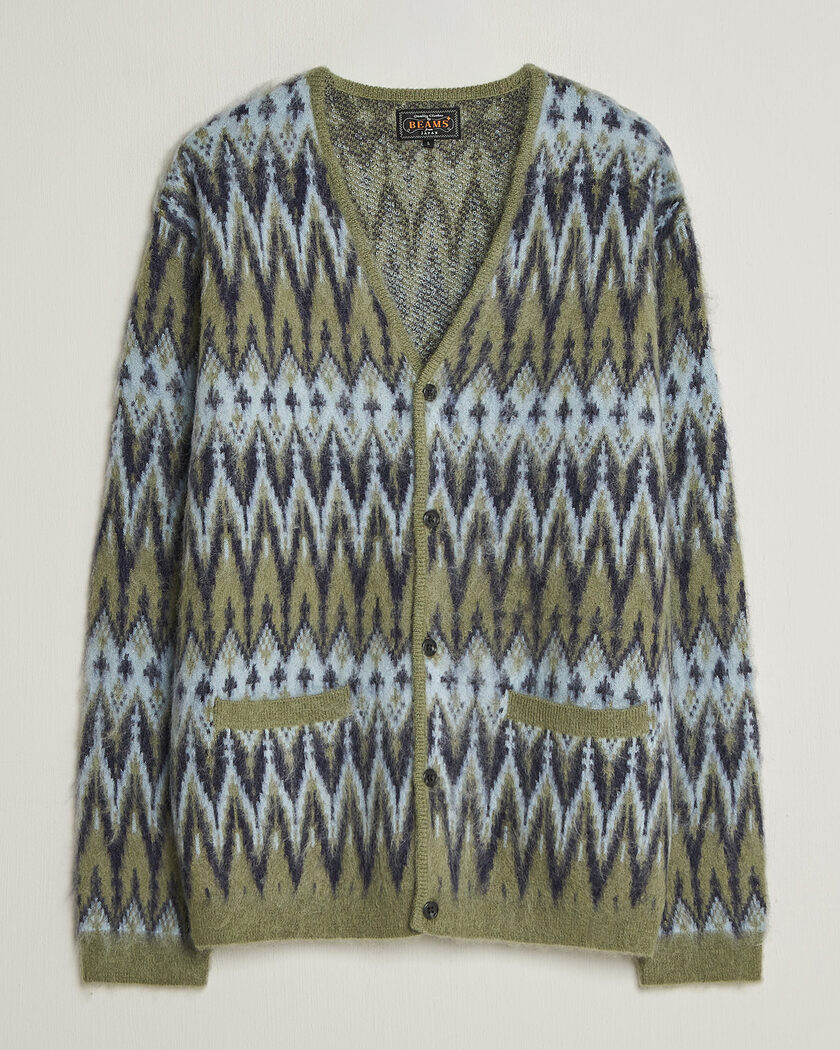 BEAMS PLUS Chevron Jacquard Cardigan Green/Grey – Green