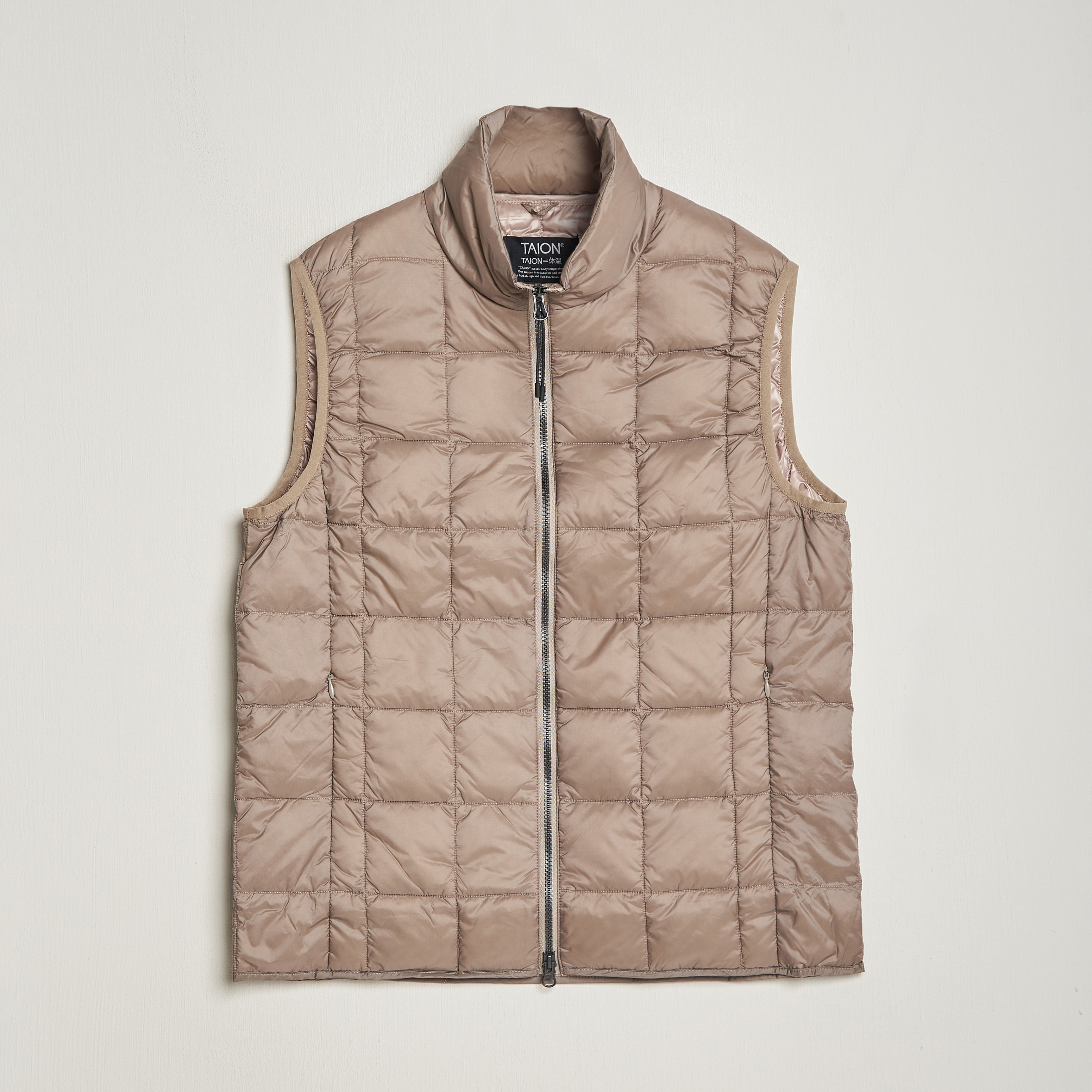 TAION High Neck Full Zip Lightweight Down Vest Khaki at CareOfCarl.com