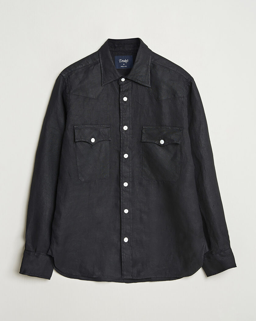 Drake's Linen Twill Western Shirt Black L – Black