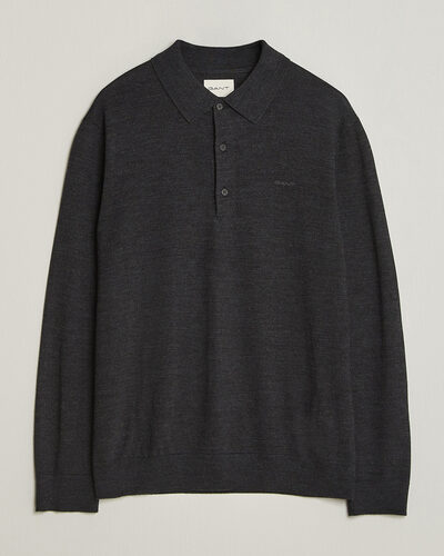 Gant Extrafine Merino Knitted Polo Dark Charcoal Melange