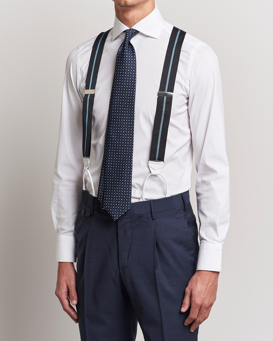 Men | Albert Thurston Thin Stripe Braces 40mm Black/Sky | Albert Thurston | Thin Stripe Braces 40mm Black/Sky