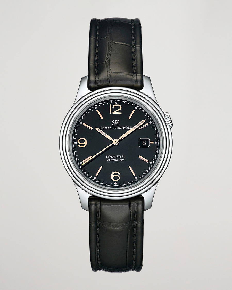 Men | Sjöö Sandström Royal Steel Classic 41mm Black and Black Alligator | Sjöö Sandström | Royal Steel Classic 41mm Black and Black Alligator